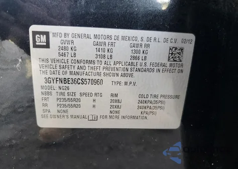 2012 Cadillac Srx Performance Collection z USA, uszkodzony, nr VIN 3GYFNBE36CS570960